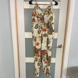 Cream Floral V-Neck Spaghetti Strap Jumpsuit